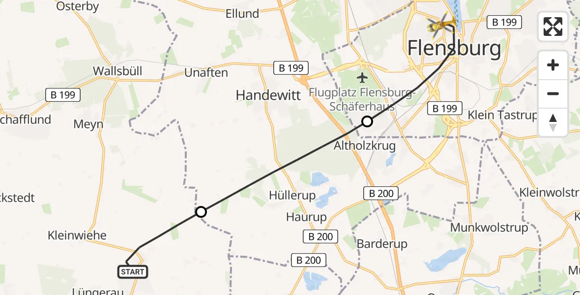 Flugroute Rettungshubschrauber Großenwiehe - Flensburg, 26 Mai 2026, 11:40