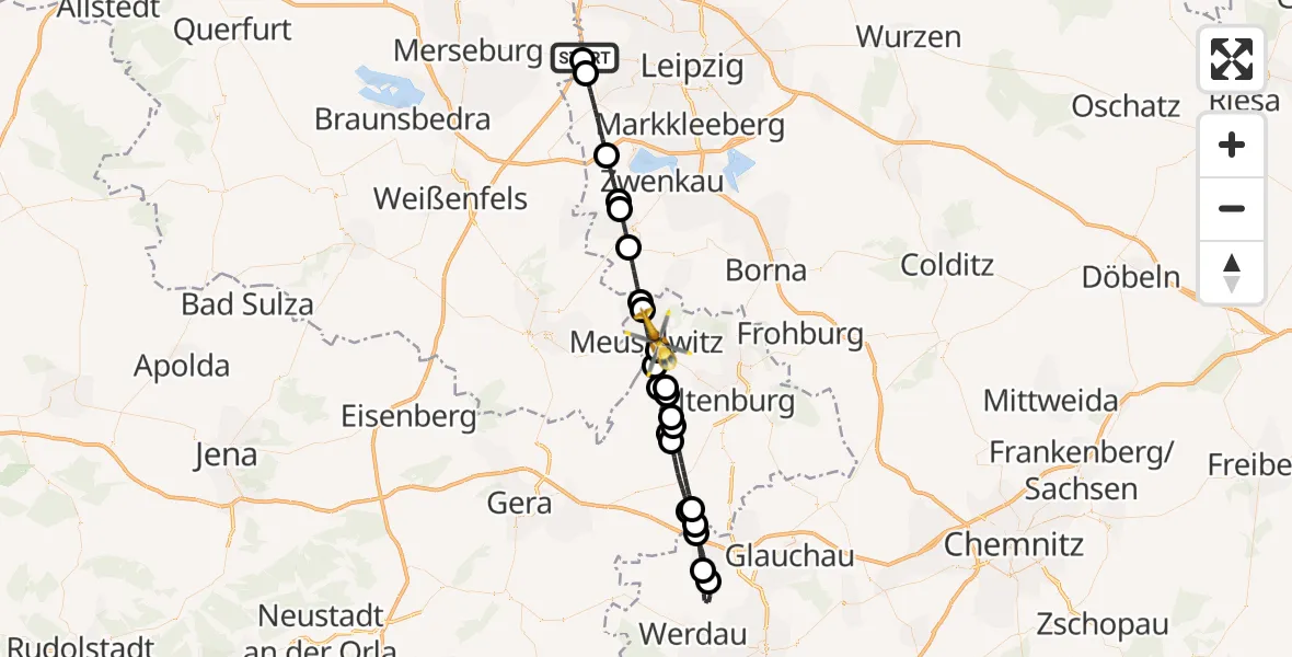 Flugroute Rettungshubschrauber ADAC Air Rescue Station Leipzig/Schkeuditz-Dölzig Hubschrauberlandeplatz (Christoph 61) - Meuselwitz, 26 Mai 2026, 11:44