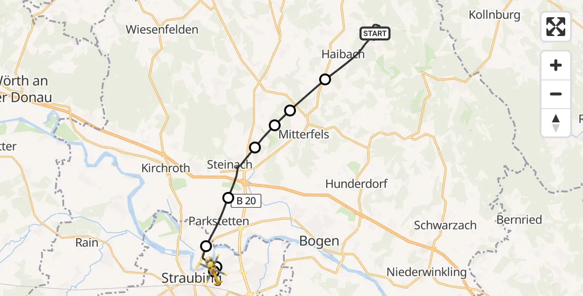 Flugroute Rettungshubschrauber Haibach - Sankt Elisabeth Hospital Straubing, 26 Mai 2026, 11:52