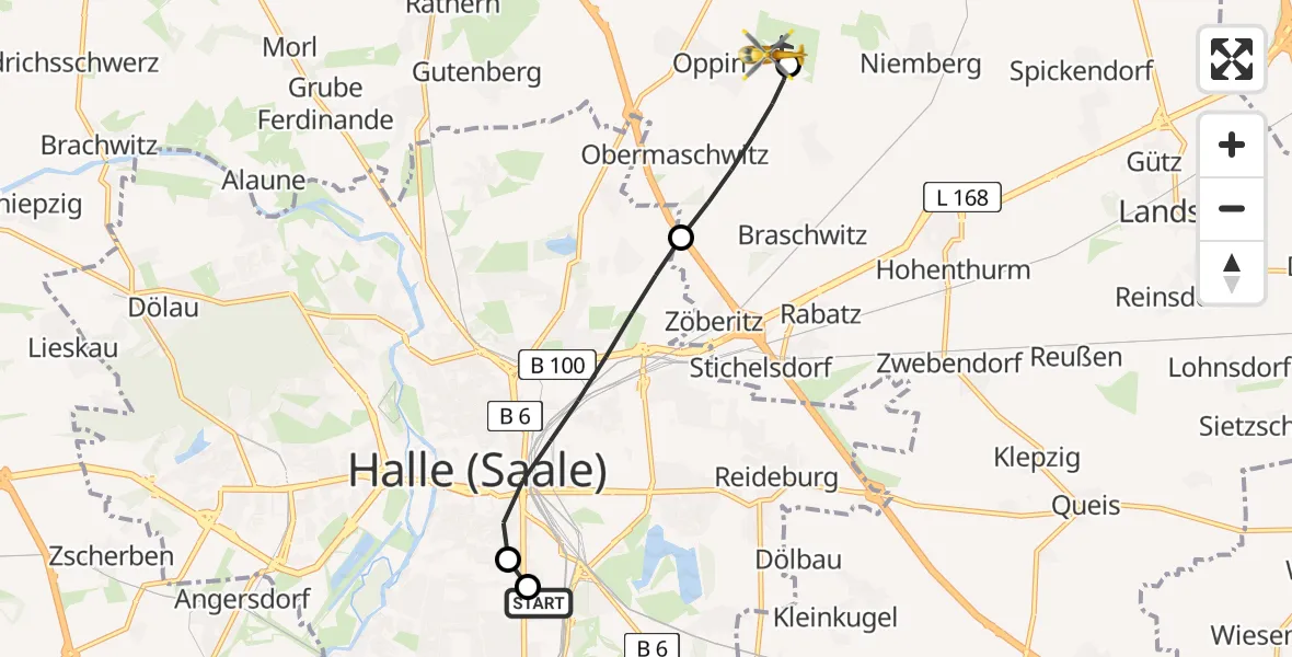 Flugroute Rettungshubschrauber BG Hospital Bergmannstrost Halle - Halle-Oppin Flugplatz, 26 Mai 2026, 11:55