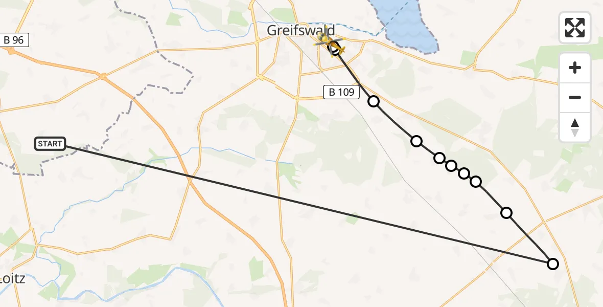 Flugroute Rettungshubschrauber Süderholz - Greifswald Hospital, 26 Mai 2026, 11:57