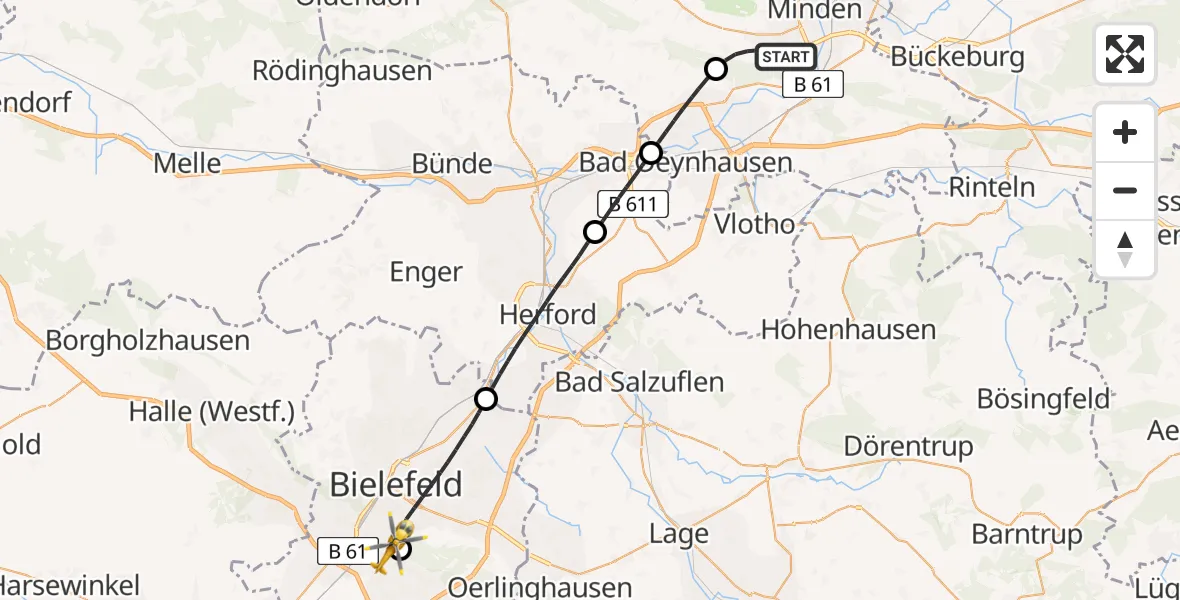 Flugroute Rettungshubschrauber Minden - Luftrettungszentrum Bielefeld, 26 Mai 2026, 12:03