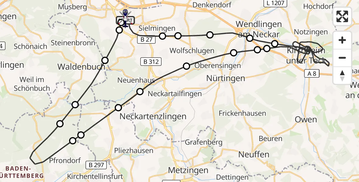 Flugroute Polizeihubschrauber Flughafen Stuttgart - Flughafen Stuttgart, 26 Mai 2026, 12:03