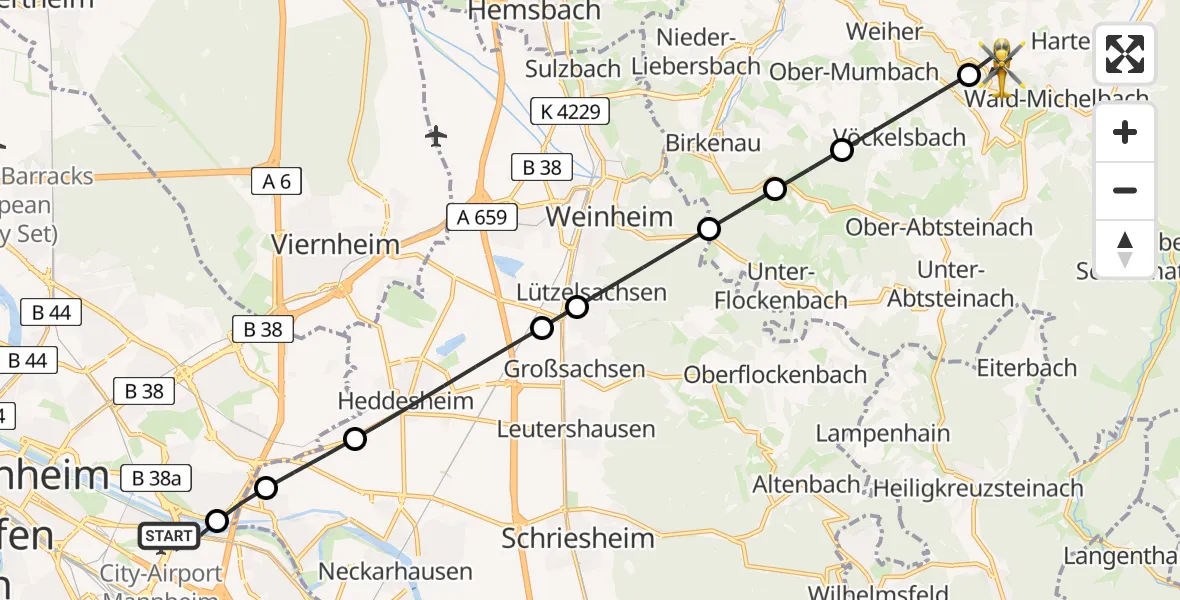 Flugroute Rettungshubschrauber Mannheim-City Flughafen - Wald-Michelbach, 26 Mai 2026, 12:12