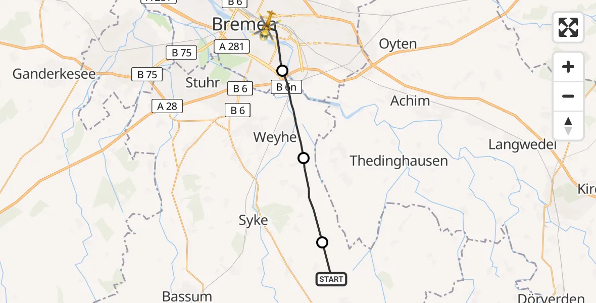 Flugroute Rettungshubschrauber Bruchhausen-Vilsen - Bremen, 26 Mai 2026, 12:13