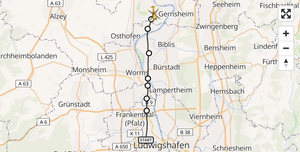 Flugroute Rettungshubschrauber Ludwigshafen am Rhein - Eich, 26 Mai 2026, 12:14