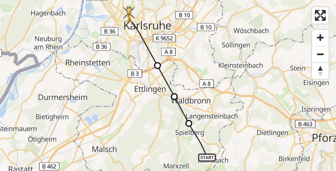 Flugroute Rettungshubschrauber Karlsbad - Karlsruhe, 26 Mai 2026, 12:23