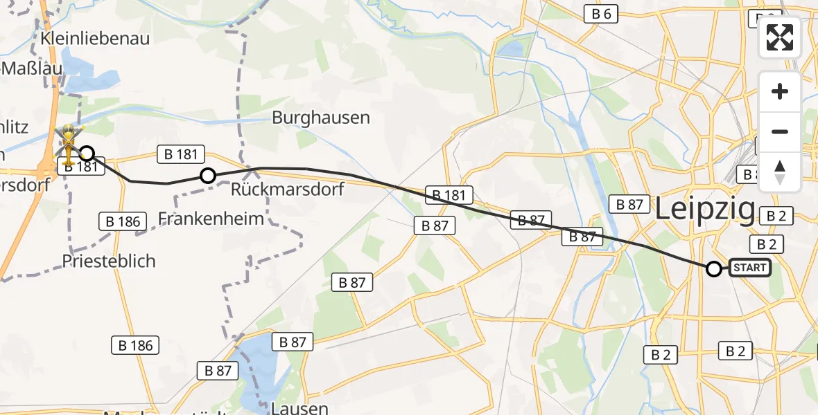 Flugroute Rettungshubschrauber Leipzig University Hospital Heliport 1 - ADAC Air Rescue Station Leipzig/Schkeuditz-Dölzig Hubschrauberlandeplatz (Christoph 61), 26 Mai 2026, 12:24