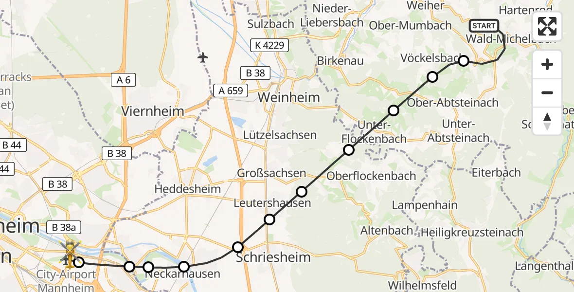 Flugroute Rettungshubschrauber Wald-Michelbach - Mannheim-City Flughafen, 26 Mai 2026, 12:48