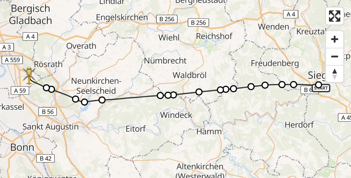 Flugroute Rettungshubschrauber Evangelisches Jung-Stilling Hospital - Köln Bonn Flughafen, 26 Mai 2026, 12:49