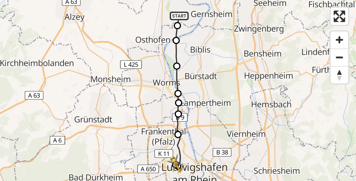 Flugroute Rettungshubschrauber Eich - Ludwigshafen Accident Hospital, 26 Mai 2026, 12:49