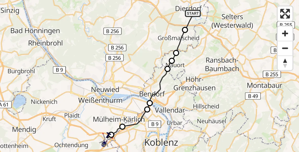 Flugroute Polizeihubschrauber Dierdorf - Bassenheim, 26 Mai 2026, 12:56