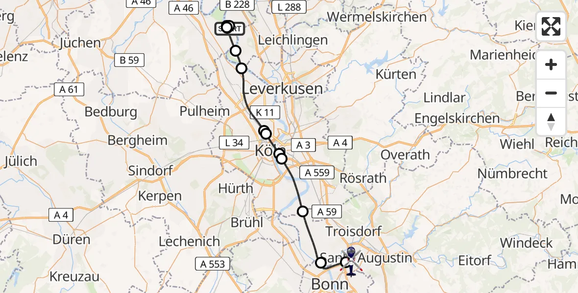 Flugroute Polizeihubschrauber Monheim am Rhein - Sankt Augustin, 26 Mai 2026, 13:01