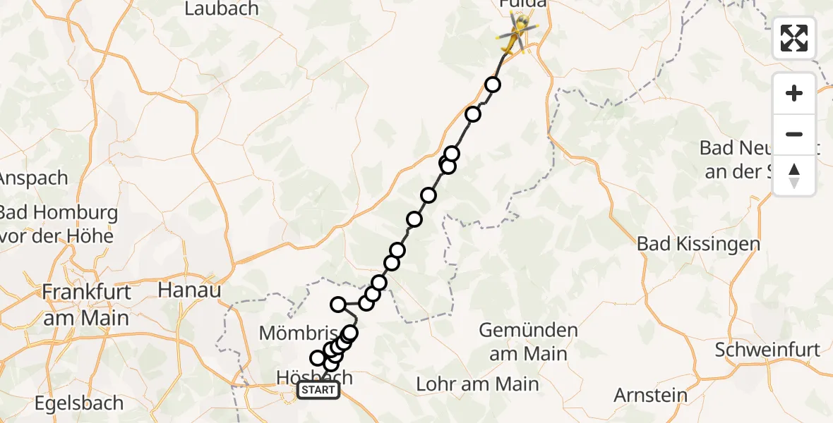 Flugroute Rettungshubschrauber Hösbach - Fulda, 26 Mai 2026, 13:03
