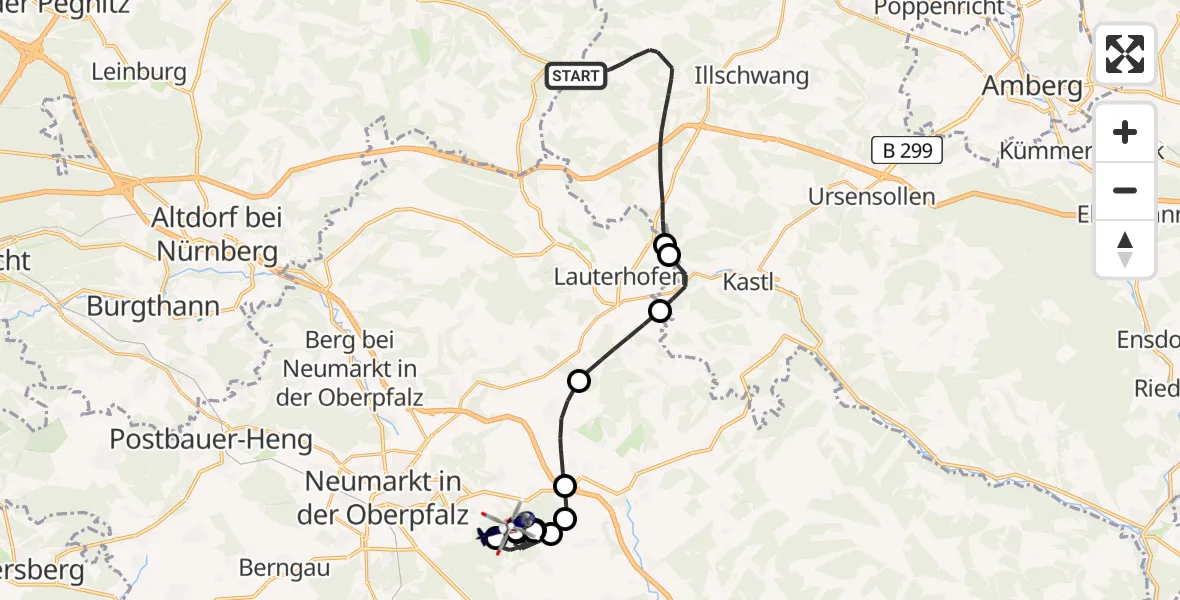 Flugroute Polizeihubschrauber Birgland - Deining, 26 Mai 2026, 13:04