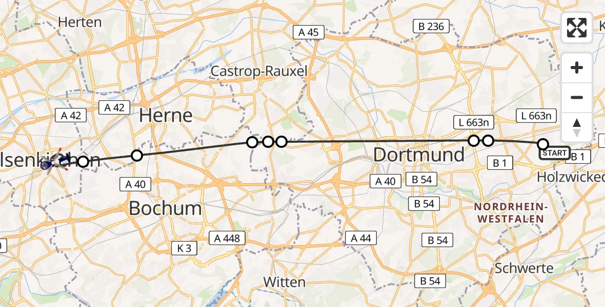 Flugroute Polizeihubschrauber Dortmund Flughafen - Gelsenkirchen, 26 Mai 2026, 13:07