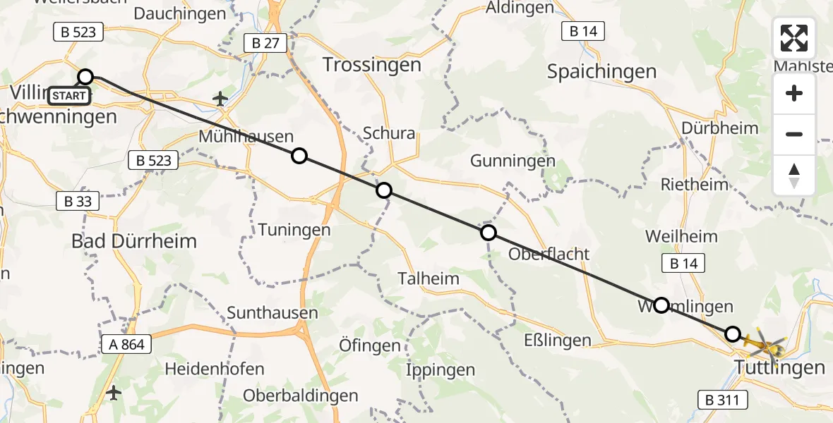 Flugroute Ambulanzhubschrauber DRF Air Rescue Station Villingen-Schwenningen Hubschrauberlandeplatz (Christoph 11) - Tuttlingen, 26 Mai 2026, 13:17