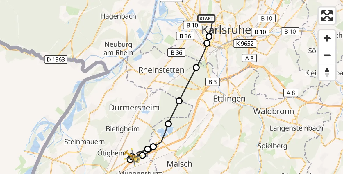 Flugroute Rettungshubschrauber Karlsruhe - Bietigheim, 26 Mai 2026, 13:18