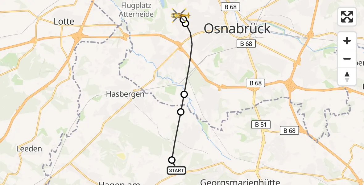 Flugroute Ambulanzhubschrauber Hagen am Teutoburger Wald - Osnabrück Hospital, 26 Mai 2026, 13:20