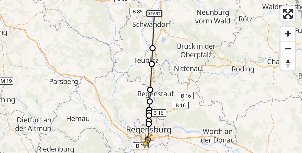 Flugroute Rettungshubschrauber Schwandorf - DRF Air Rescue Station Regensburg / Regensburg University Hospital, 26 Mai 2026, 13:21