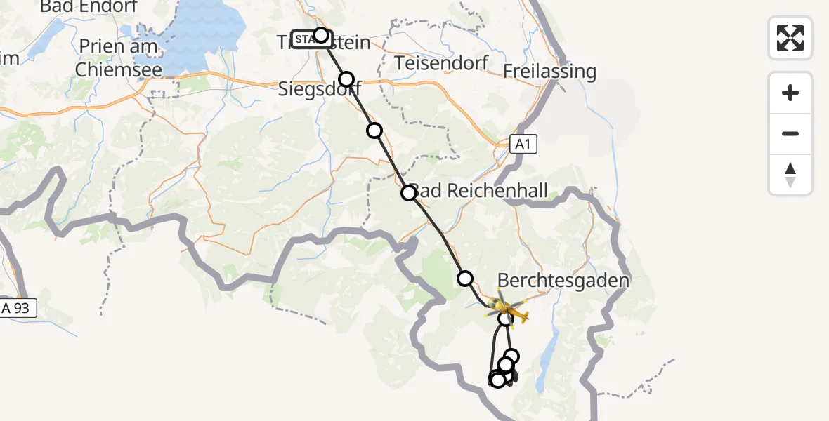 Flugroute Rettungshubschrauber Traunstein Hospital - Ramsau b.Berchtesgaden, 26 Mai 2026, 13:22