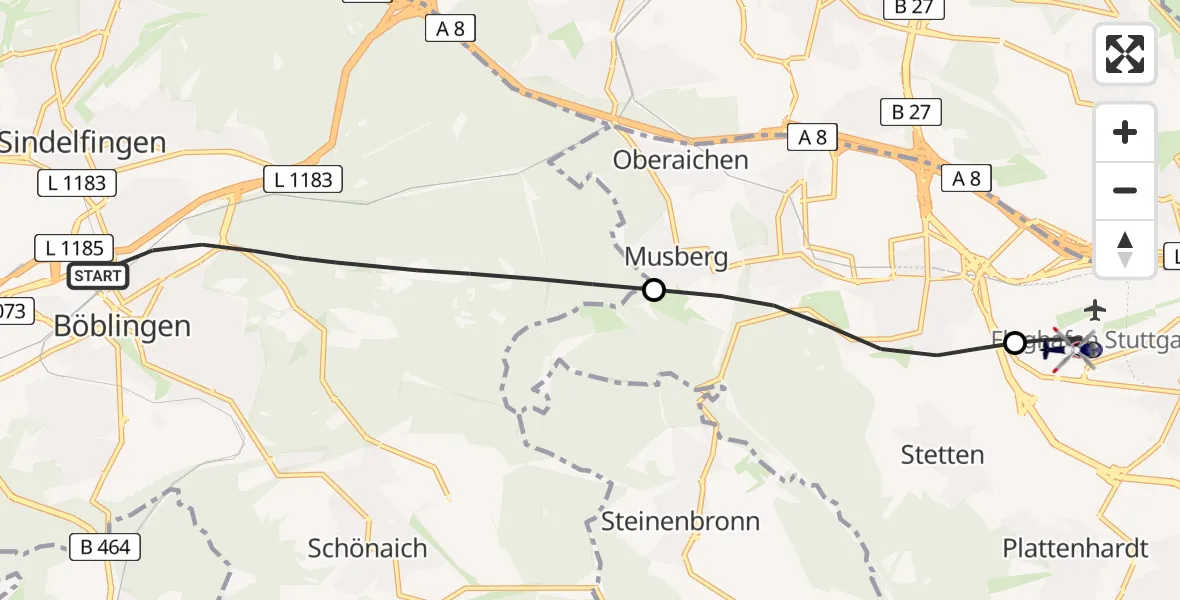 Flugroute Polizeihubschrauber Böblingen - Flughafen Stuttgart, 26 Mai 2026, 13:31
