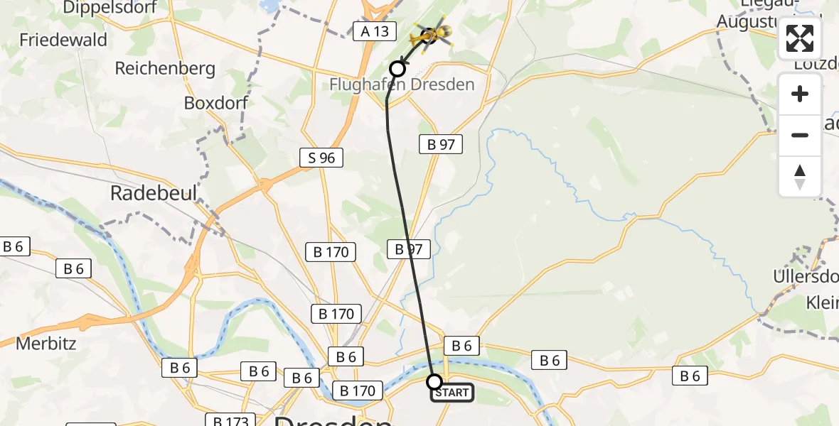 Flugroute Rettungshubschrauber Dresden University Hospital - Dresden Bundespolizei Hubschrauberlandeplatz, 26 Mai 2026, 13:32