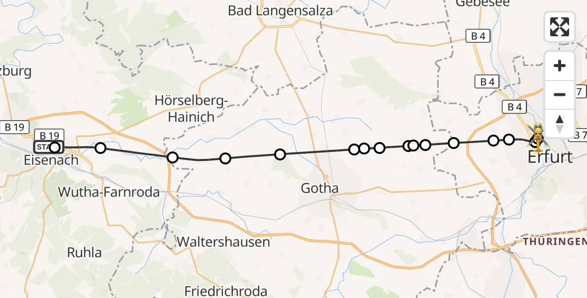 Flugroute Ambulanzhubschrauber Sankt Georg Hospital Eisenach - Helios Clinic Erfurt, 26 Mai 2026, 13:43