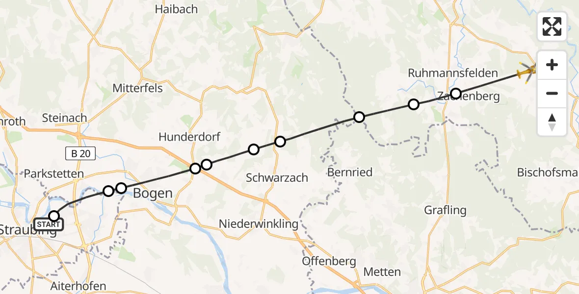 Flugroute Rettungshubschrauber Sankt Elisabeth Hospital Straubing - Regen, 26 Mai 2026, 13:45