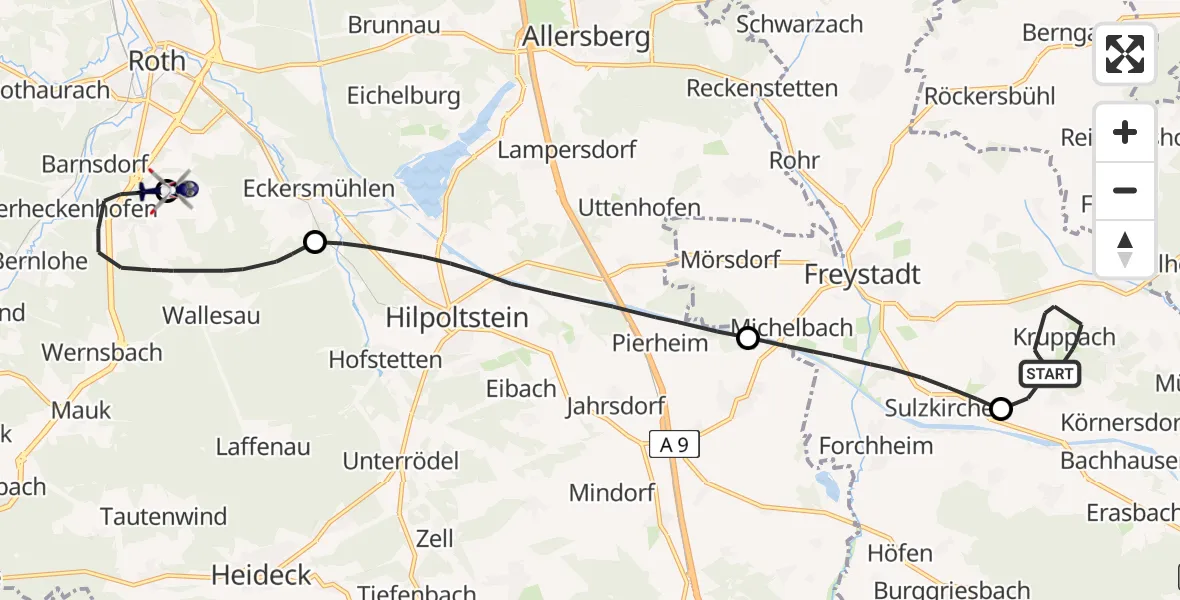 Flugroute Polizeihubschrauber Mühlhausen - Flugplatz Roth, 26 Mai 2026, 13:49