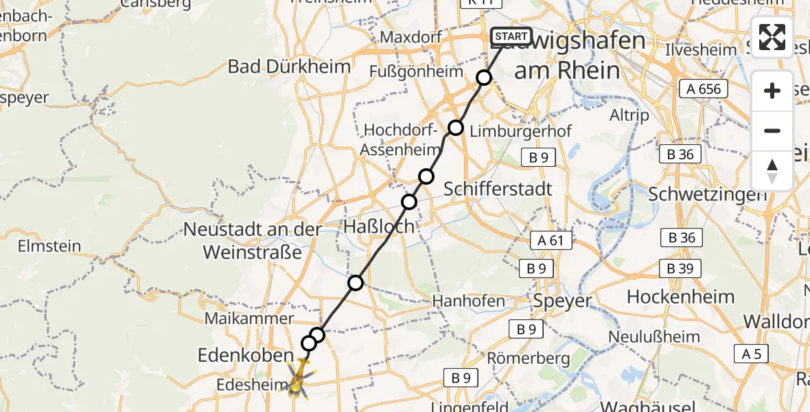 Flugroute Rettungshubschrauber Ludwigshafen am Rhein - Großfischlingen, 26 Mai 2026, 13:50