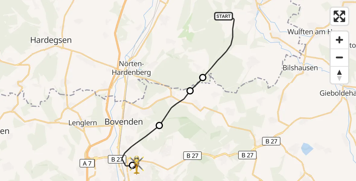 Flugroute Rettungshubschrauber Katlenburg-Lindau - Göttingen University Clinic Hubschrauberlandeplatz, 26 Mai 2026, 13:51