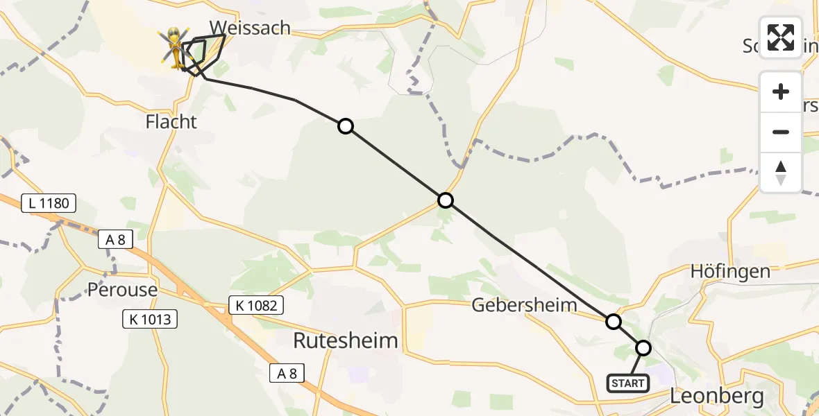 Flugroute Ambulanzhubschrauber Leonberg Hospital - Weissach, 26 Mai 2026, 13:57