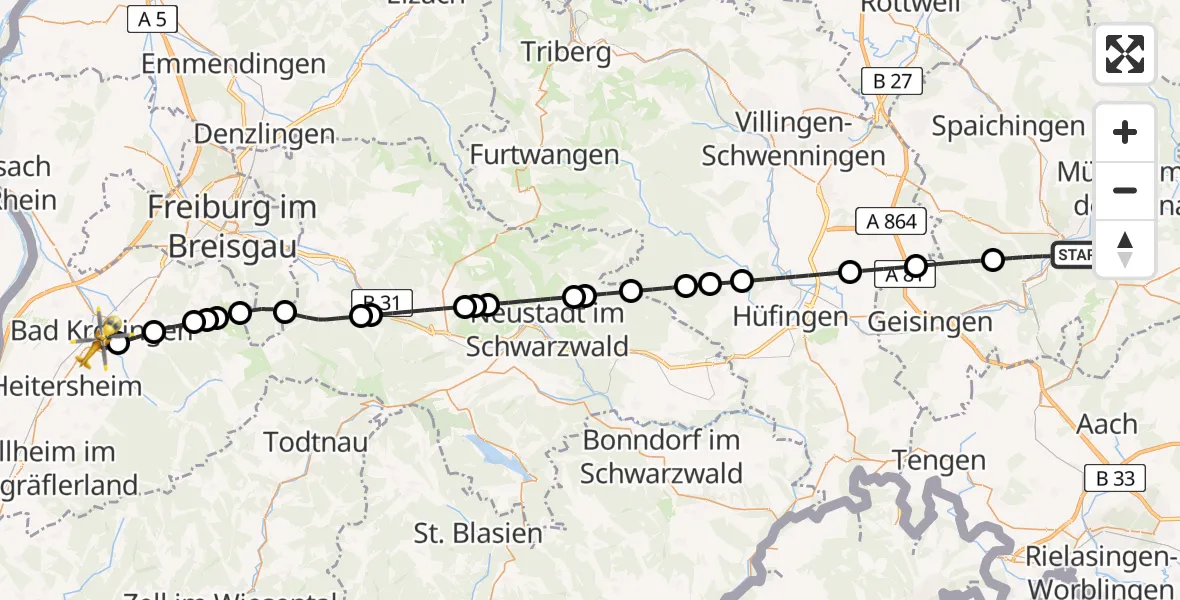 Flugroute Ambulanzhubschrauber Tuttlingen - Bad Krozingen, 26 Mai 2026, 14:00