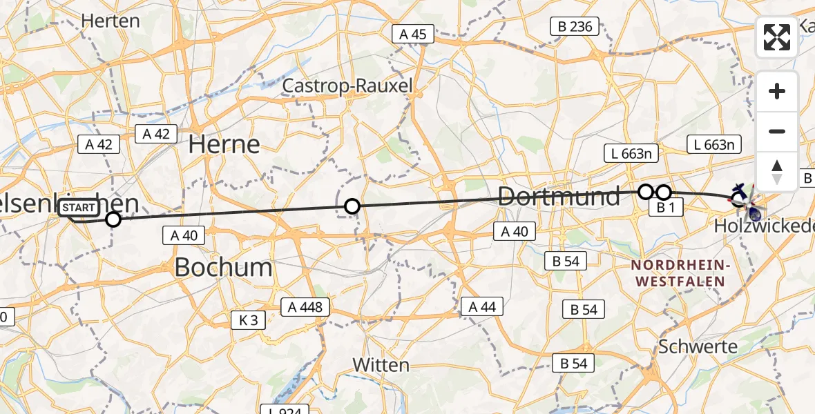 Flugroute Polizeihubschrauber Gelsenkirchen - Dortmund Flughafen, 26 Mai 2026, 14:04