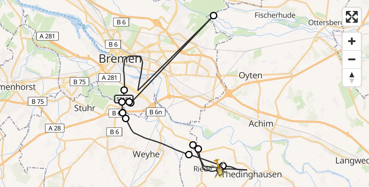 Flugroute Rettungshubschrauber ADAC Air Rescue Station Bremen Hubschrauberlandeplatz (Christoph 6) - Riede, 26 Mai 2026, 14:09