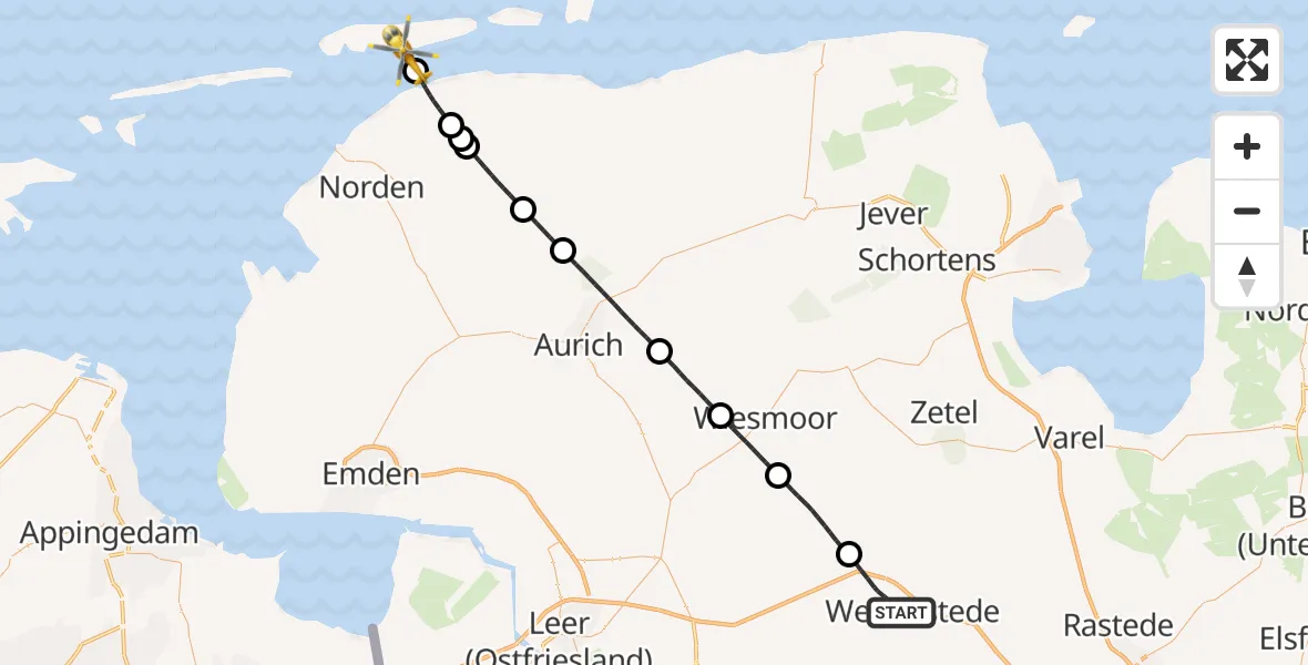Flugroute Ambulanzhubschrauber Westerstede - Noordzee, 26 Mai 2026, 14:10