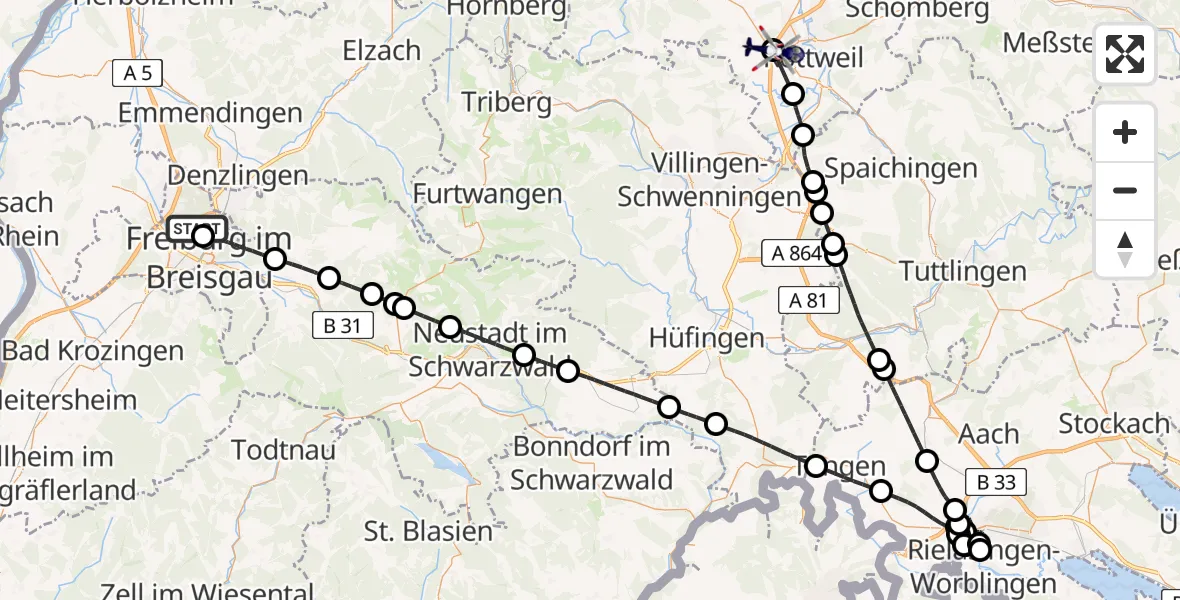 Flugroute Polizeihubschrauber Freiburg im Breisgau Flugplatz - Zimmern ob Rottweil, 26 Mai 2026, 14:19