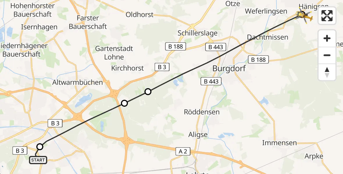 Flugroute Rettungshubschrauber Hannover Luftrettung Hubschrauberlandeplatz (Christoph 4) - Uetze, 26 Mai 2026, 14:20