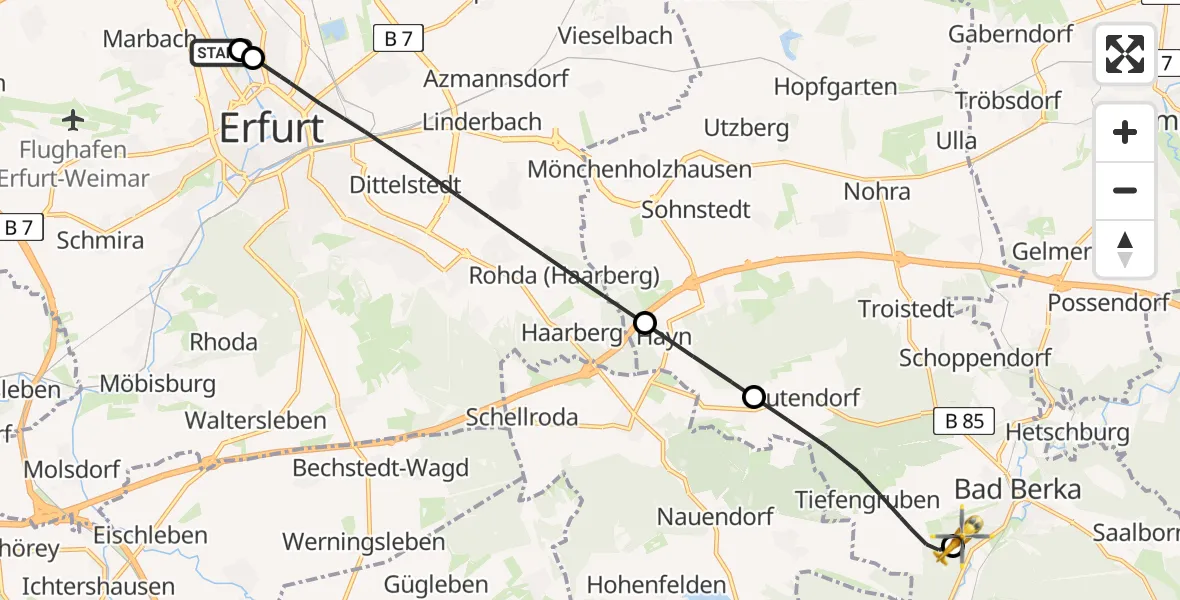 Flugroute Ambulanzhubschrauber Helios Clinic Erfurt - DRF Rettungsstation Bad Berka Hubschrauberlandeplatz, 26 Mai 2026, 14:19