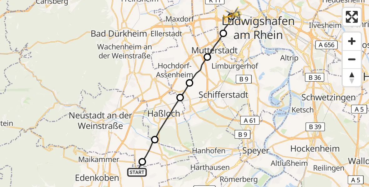 Flugroute Rettungshubschrauber Altdorf - Ludwigshafen Accident Hospital, 26 Mai 2026, 14:28