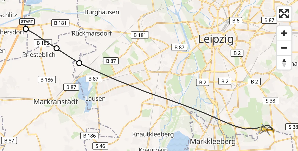 Flugroute Rettungshubschrauber ADAC Air Rescue Station Leipzig/Schkeuditz-Dölzig Hubschrauberlandeplatz (Christoph 61) - Leipzig, 26 Mai 2026, 14:35