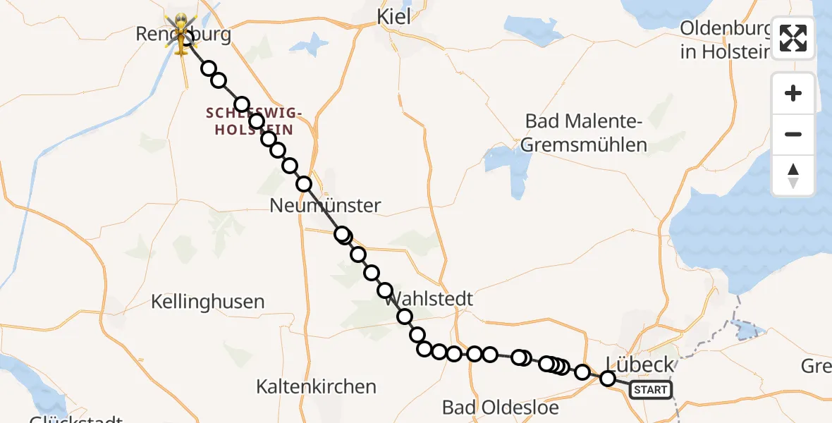 Flugroute Rettungshubschrauber Lübeck - Rendsburg, 26 Mai 2026, 14:40
