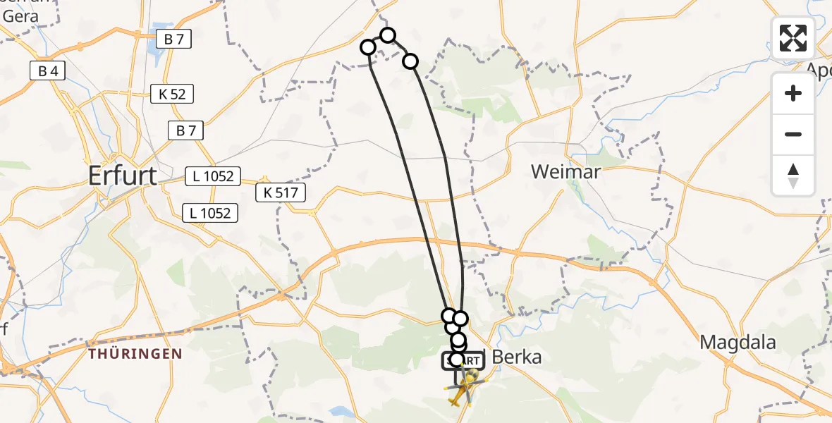 Flugroute Ambulanzhubschrauber Bad Berka - DRF Rettungsstation Bad Berka Hubschrauberlandeplatz, 26 Mai 2026, 14:53