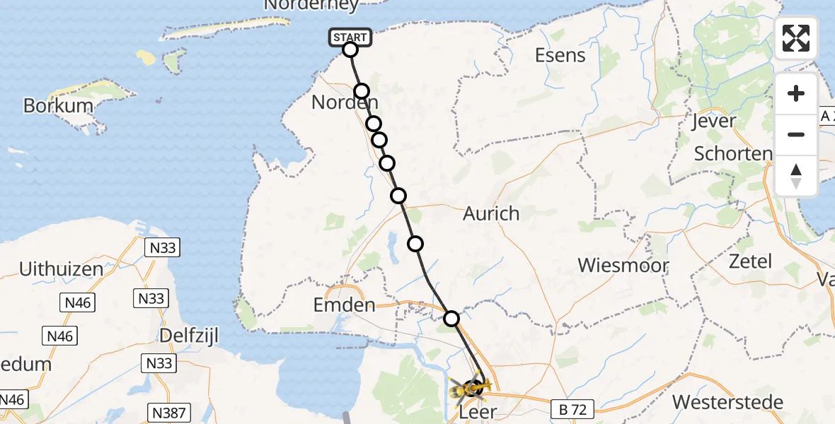 Flugroute Ambulanzhubschrauber Noordzee - Flugplatz Leer-Papenburg, 26 Mai 2026, 14:54