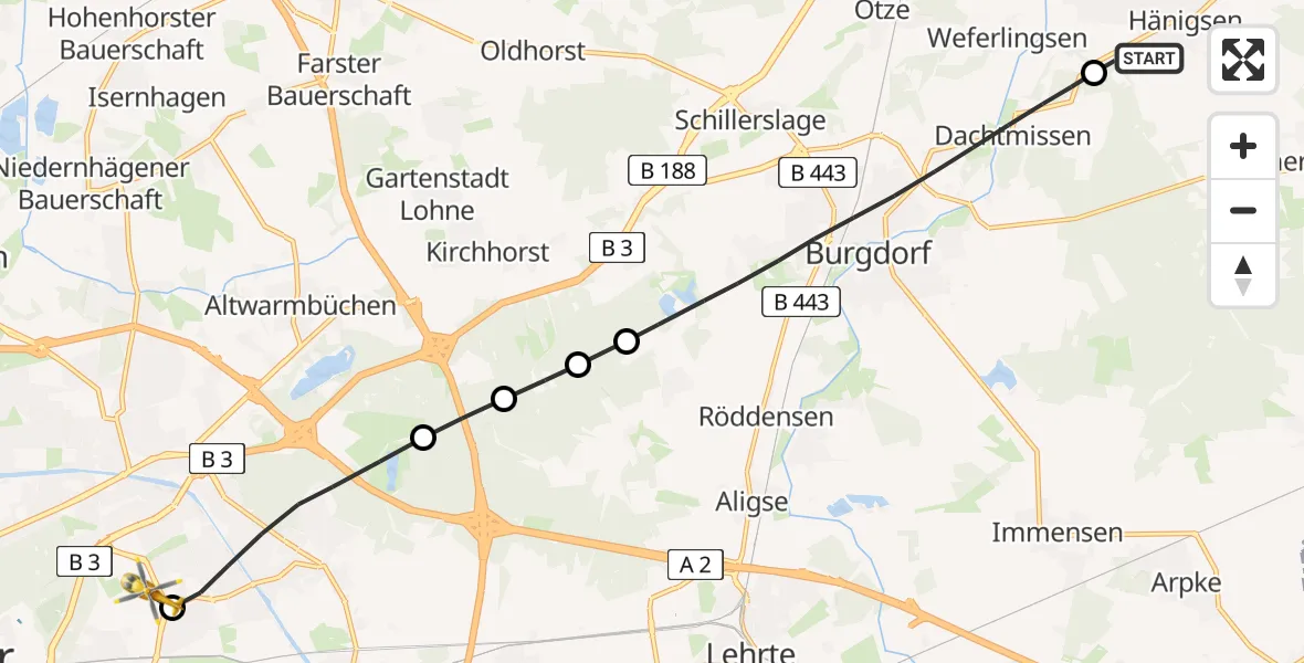 Flugroute Rettungshubschrauber Uetze - Hannover Luftrettung Hubschrauberlandeplatz (Christoph 4), 26 Mai 2026, 15:00