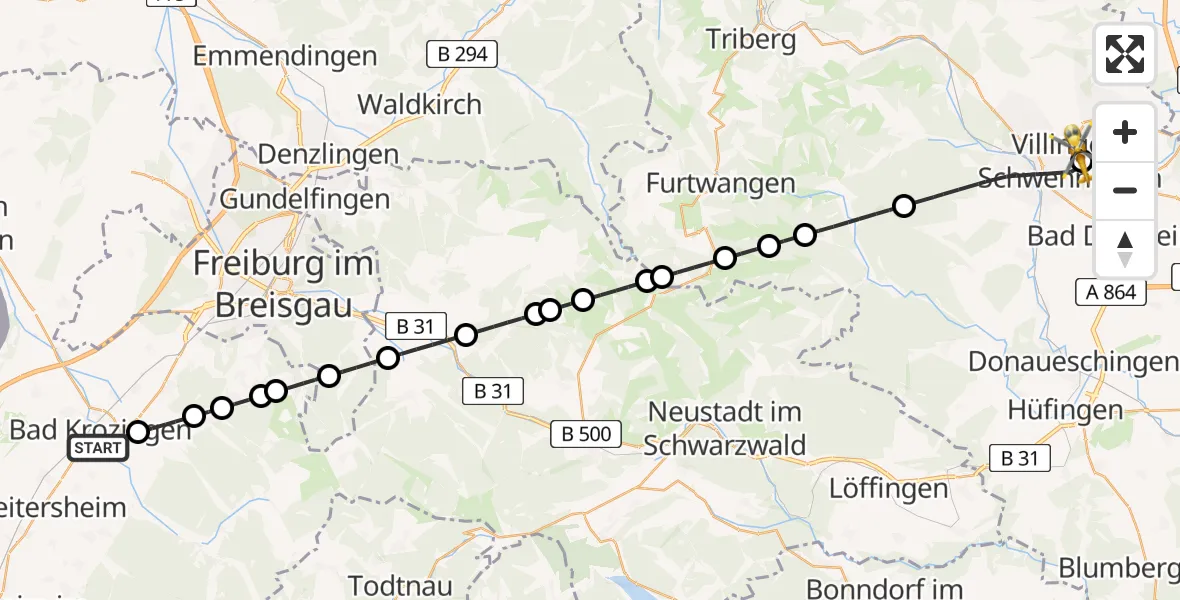 Flugroute Ambulanzhubschrauber Bad Krozingen - DRF Air Rescue Station Villingen-Schwenningen Hubschrauberlandeplatz (Christoph 11), 26 Mai 2026, 15:02
