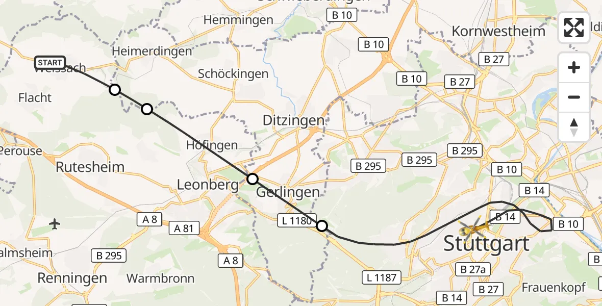 Flugroute Ambulanzhubschrauber Weissach - Stuttgart, 26 Mai 2026, 15:04