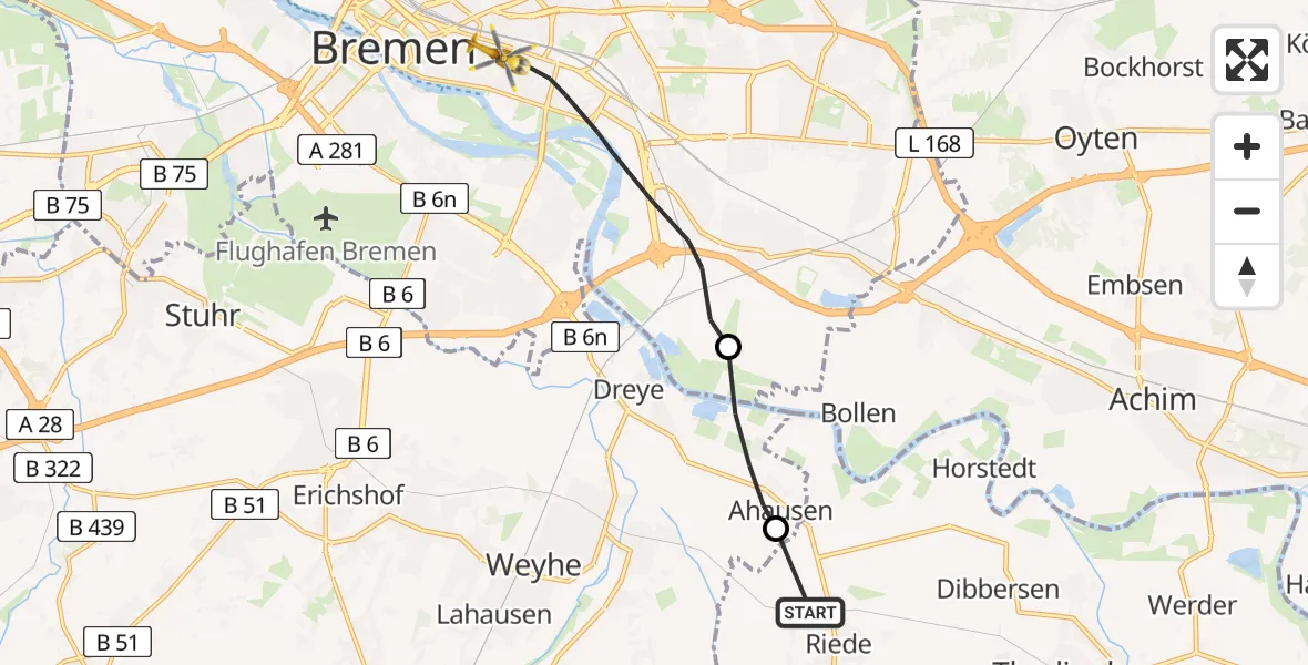 Flugroute Rettungshubschrauber Riede - Bremen, 26 Mai 2026, 15:04