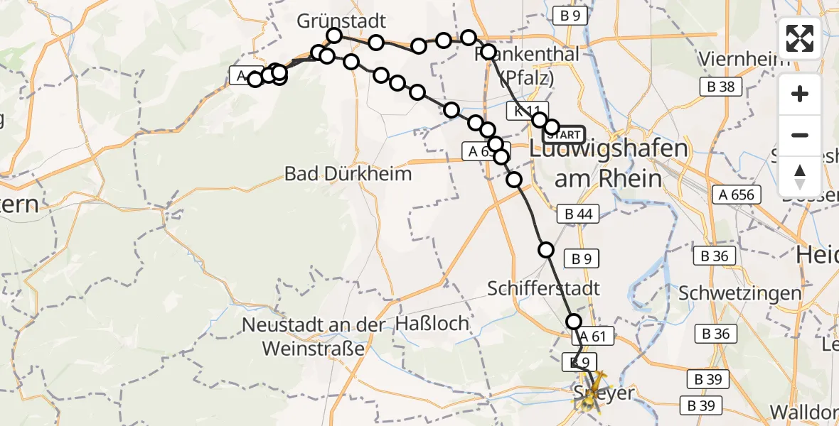 Flugroute Rettungshubschrauber Ludwigshafen Accident Hospital - Speyer, 26 Mai 2026, 15:05